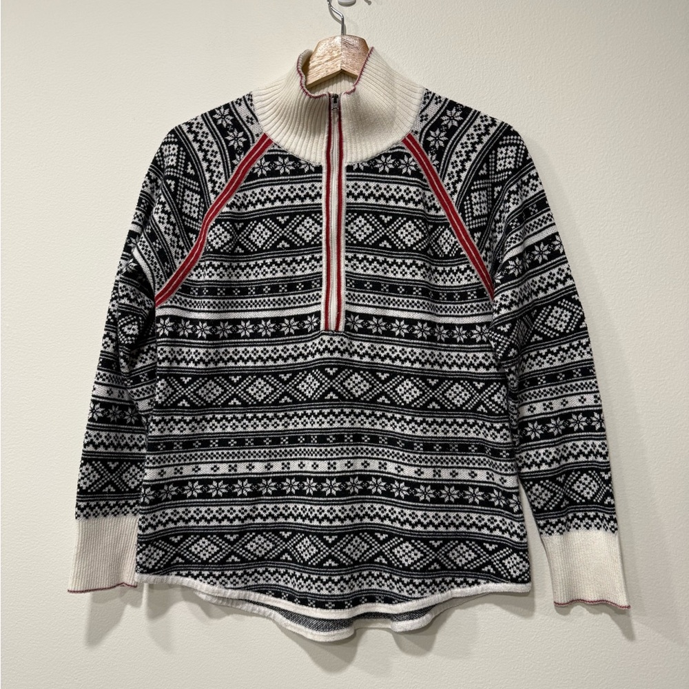 Eddie Bauer Black and Cream Fair Isle Half-Zip Turtleneck Sweater